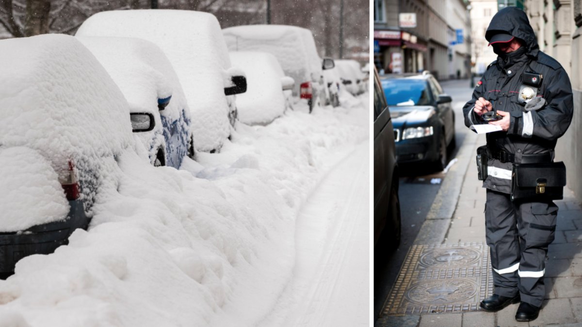 Snöiga bilar och en trafikpolis.