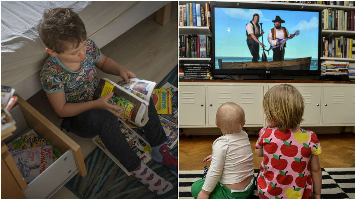 Ett barn som läser en serietidning, barn som tittar på tv.