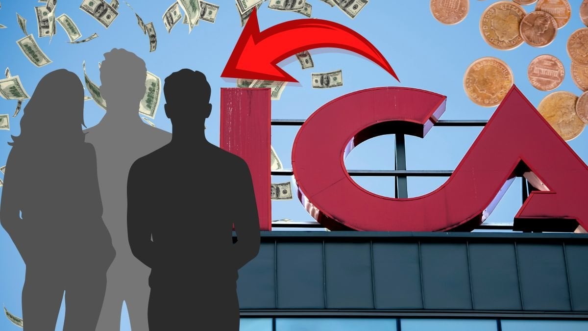 Ica-skylt i bakgrunden. Siluetter av tre personer vänster. Regnande pengar i bakgrunden.