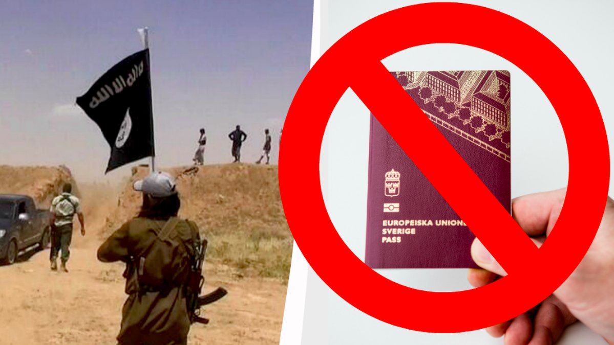 IS-soldat med svart flagga och ett svenskt pass med förbudssymbol över. Kollage. 