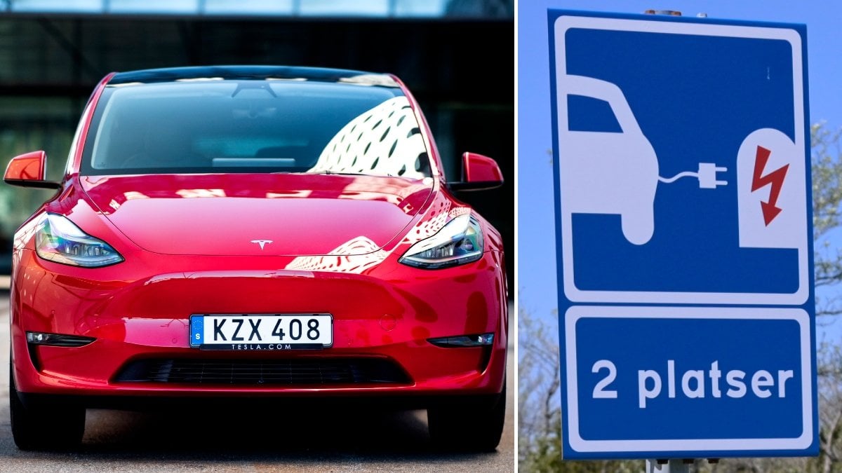 Bild på en Tesla elbil och en laddningsskylt.
