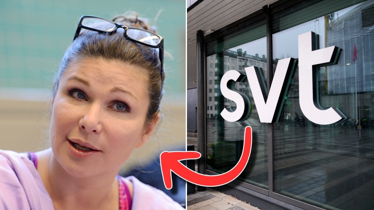 Bild på Dominika Peczynski till vänster. Förvånat ansiktsuttryck och rosa tröja. Bild på SVT:s logga till höger. Röd pil pekar från SVT:s logga på Dominika Peczynski.