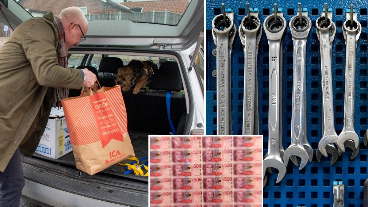 En man packar in matvaror i sin bil på en parkering och verktyg.