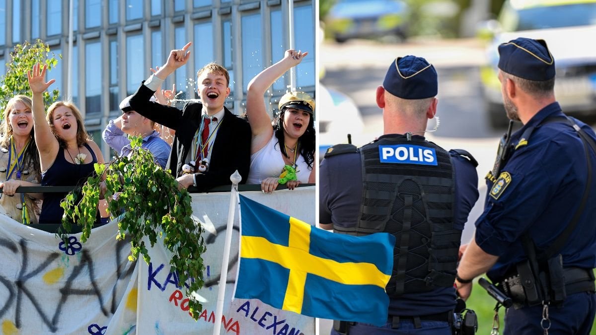 Studentfirande och två poliser.
