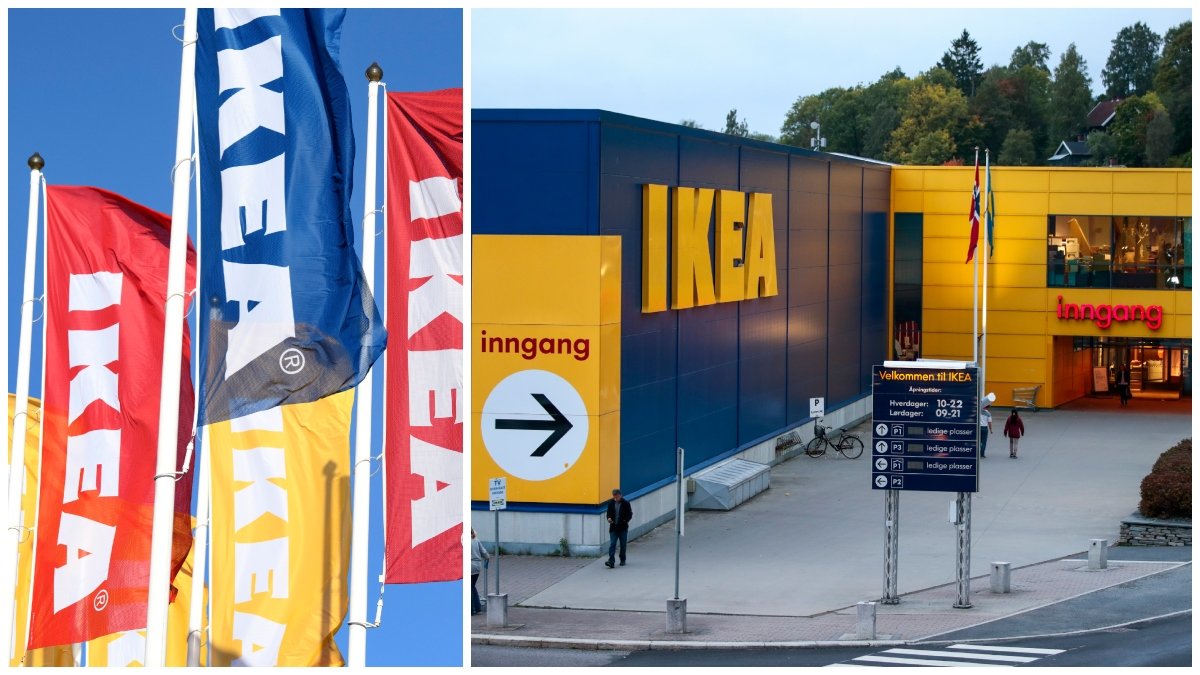 Ikea-flaggor och ingång till ett Ikea-varuhus i Norge.
