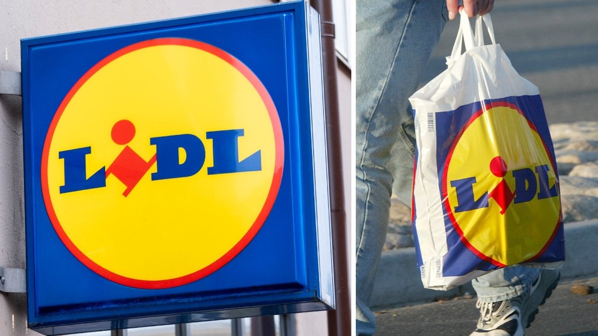 Bild på en Lidlskylt och en person som bär en Lidlkasse.