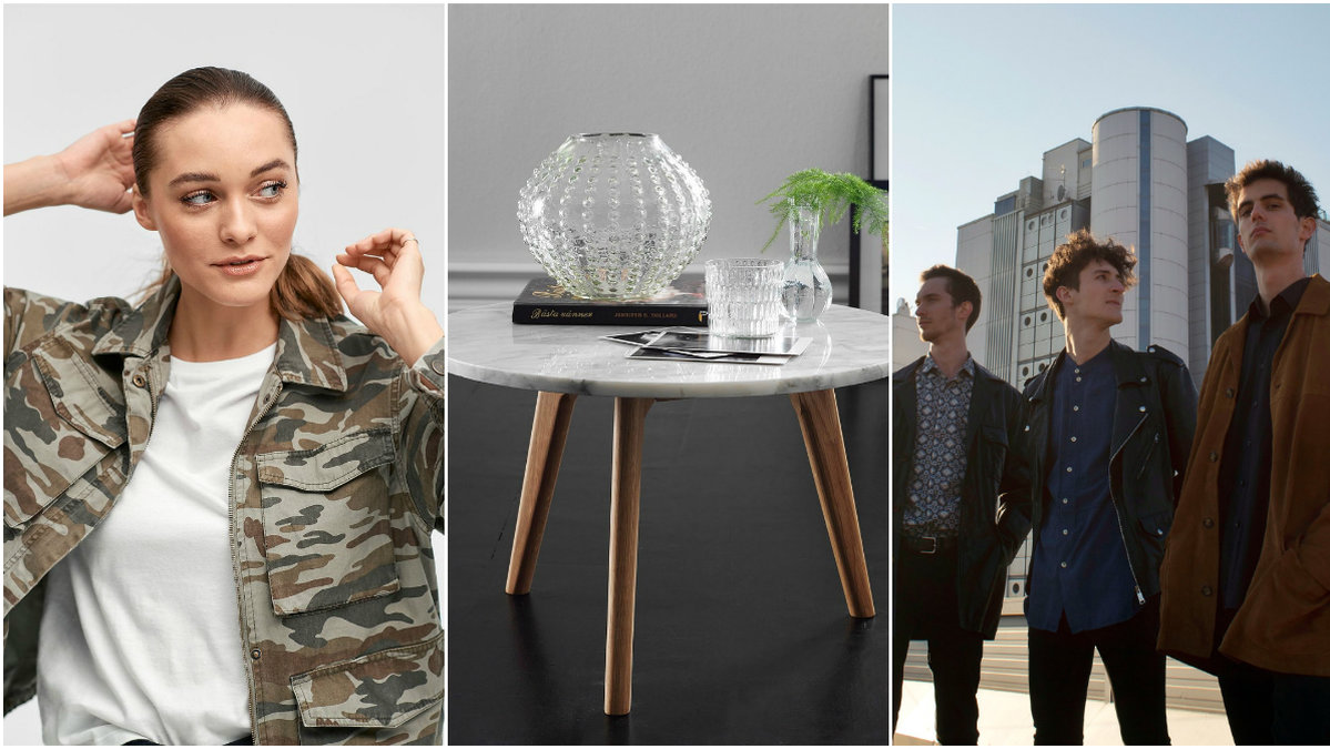 Tjej i militärjacka från Ellos, bord i marmor från Ellos, tre killar i modeoutfits.