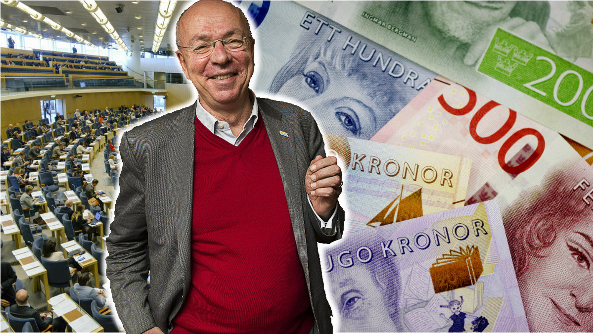 Dag Klackenberg framför montage av riksdagens plenissal och sedlar