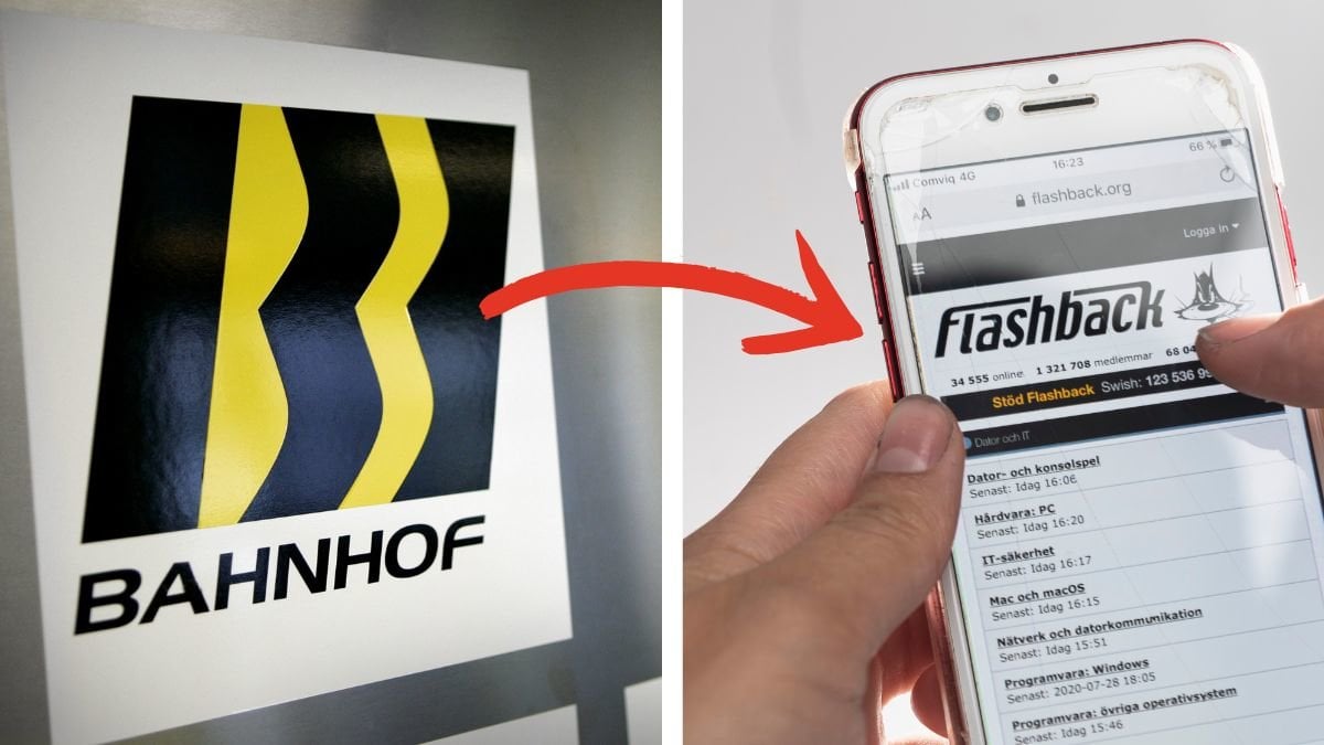 Bahnhof skylt vänster. En mobil med Flashback-forum på skärmen till höger.