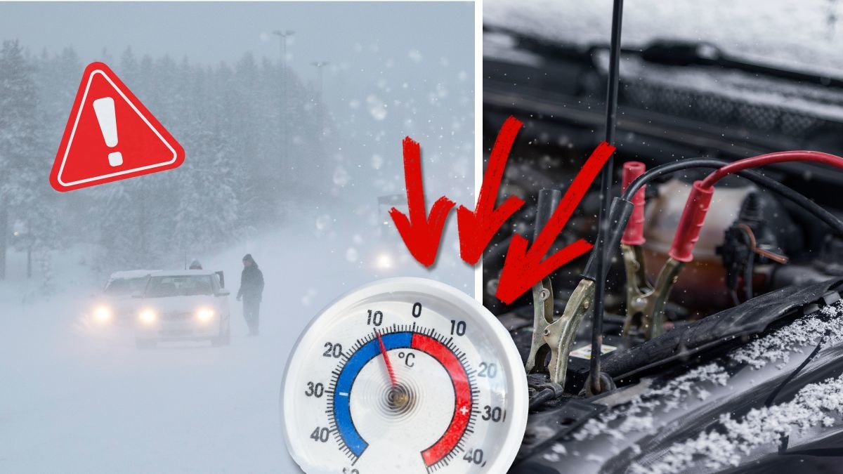 bilar i snökaos och startkablar.