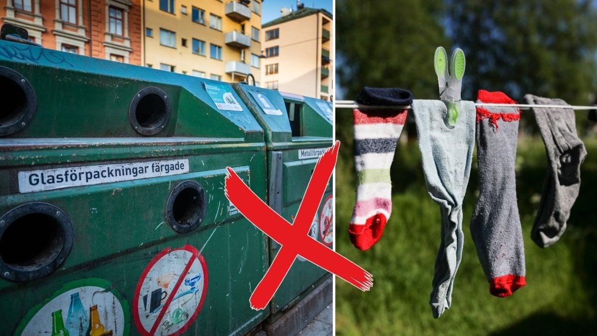 En återvinningsstation och strumpor som hänger på klädstreck.