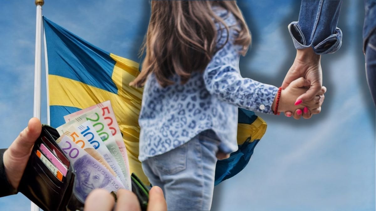 Svensk flagga, pengar och plånbok samt ett barn som håller handen med sin mamma.