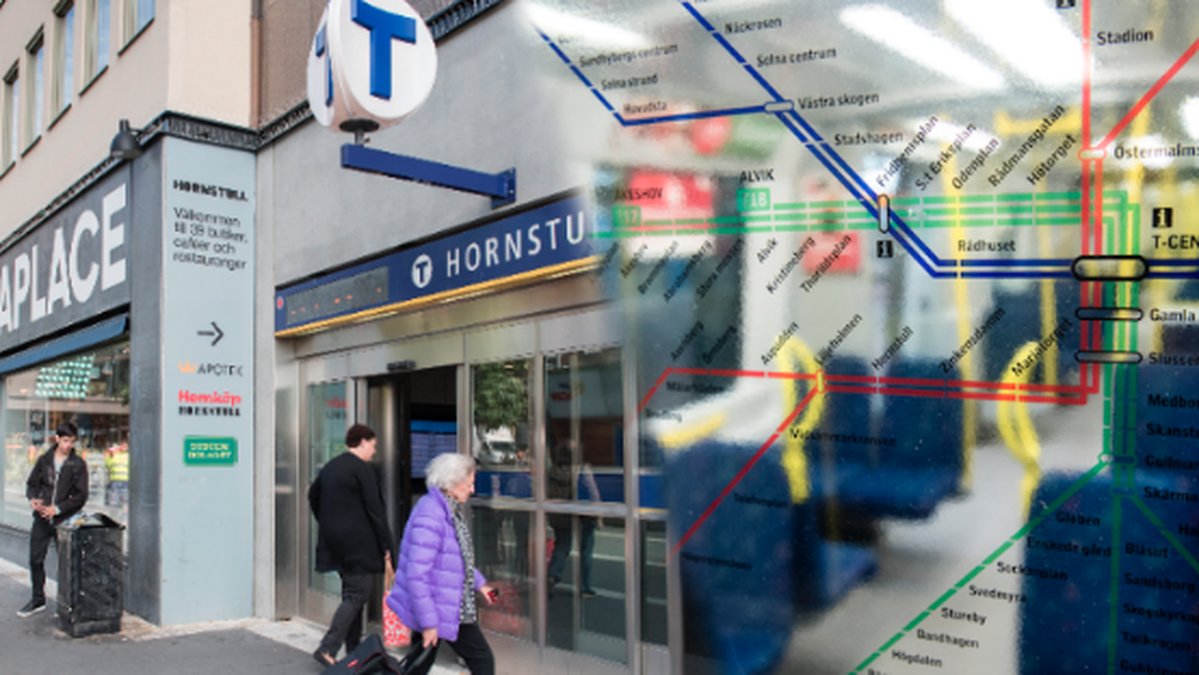 Kvinna som går in på tunnelbanan i Stockholm och en bild från inne på en tunnelbanevagn.