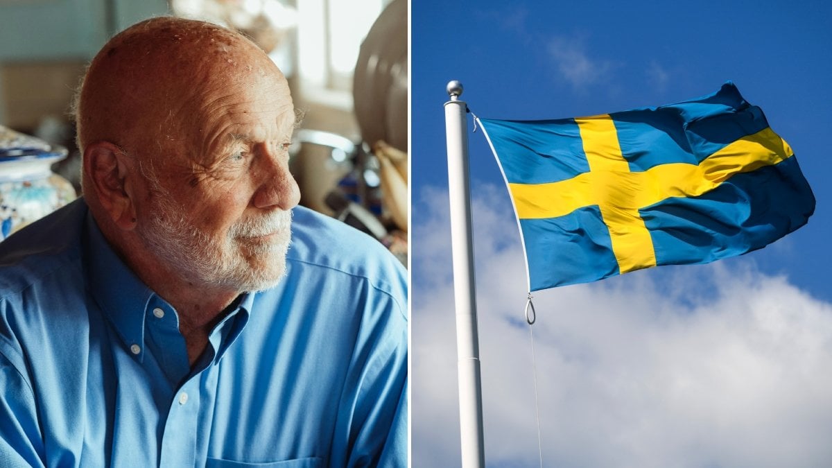 En äldre man i blå skjorta och en svensk flagga.