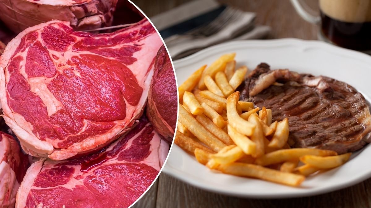 Bilder på biff med pommes frites och köttbitar.