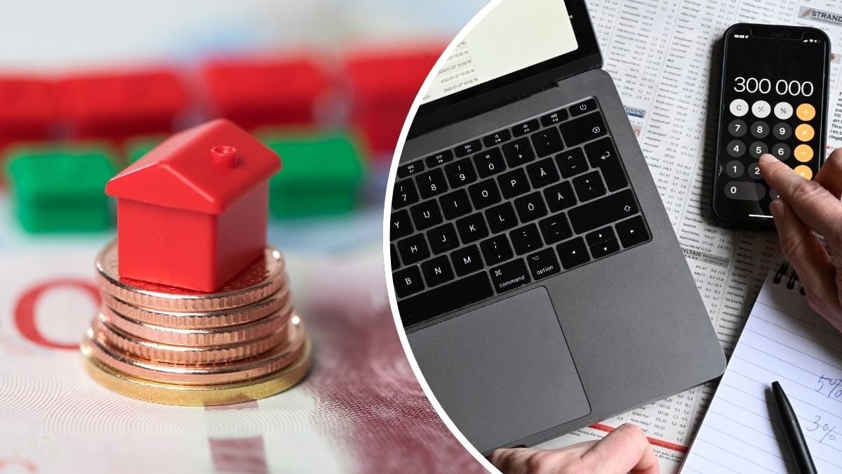 Hus och pengar till vänster. Dator och kalkyl till höger.