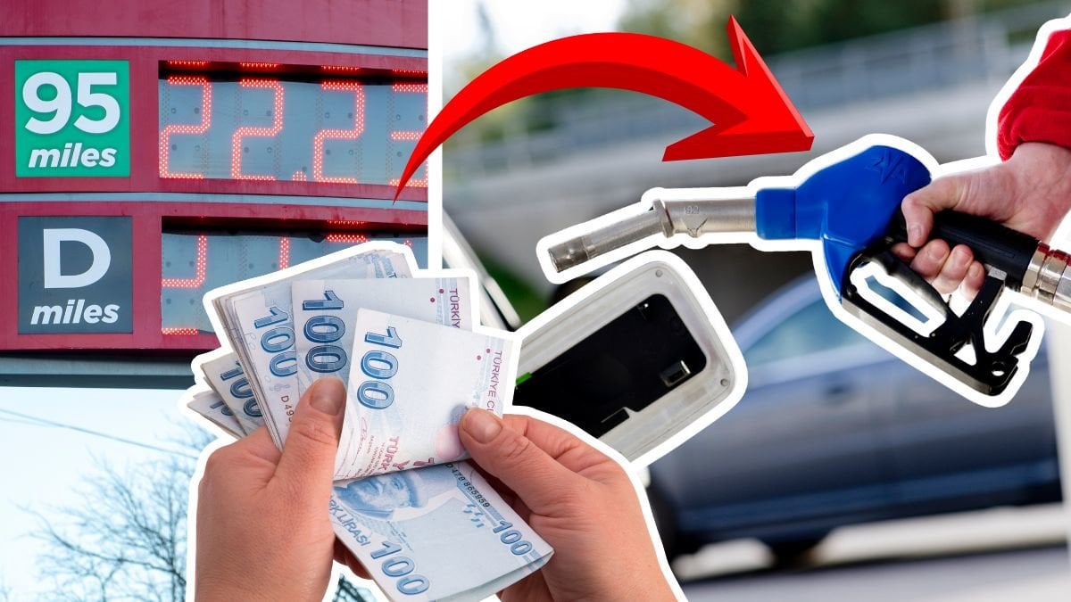 Bensinpriser-skylt vänster. Person som tankar bilen höger. Händer som bläddrar mellan hundralappar i mitten.