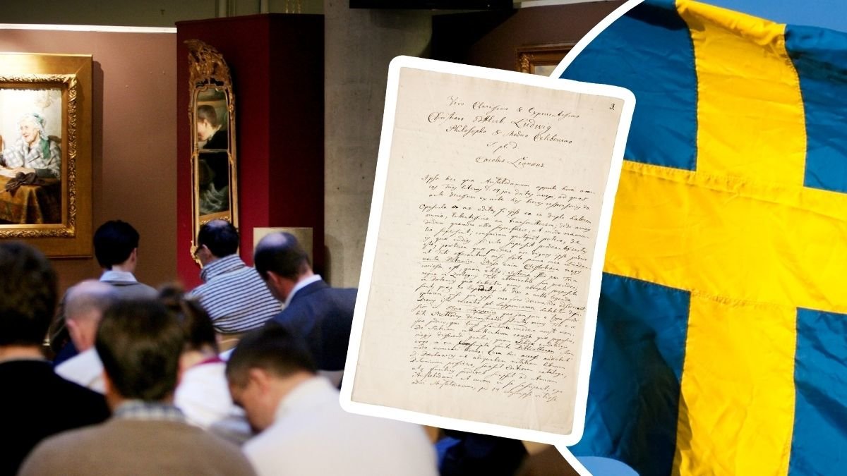 Personer på auktion, Carl von Linnés brev och en Sverige-flagga