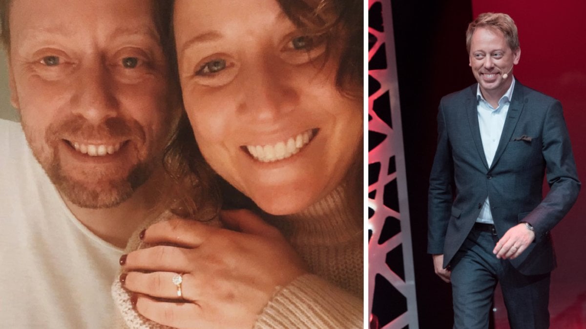 Peter Settman och fästmön visar upp förlovningsringen.
