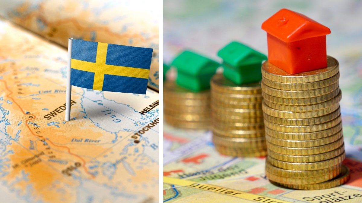 Sverigekarta med en svensk flagga på vänster. En mynthög med miniatyrhus på toppen höger.