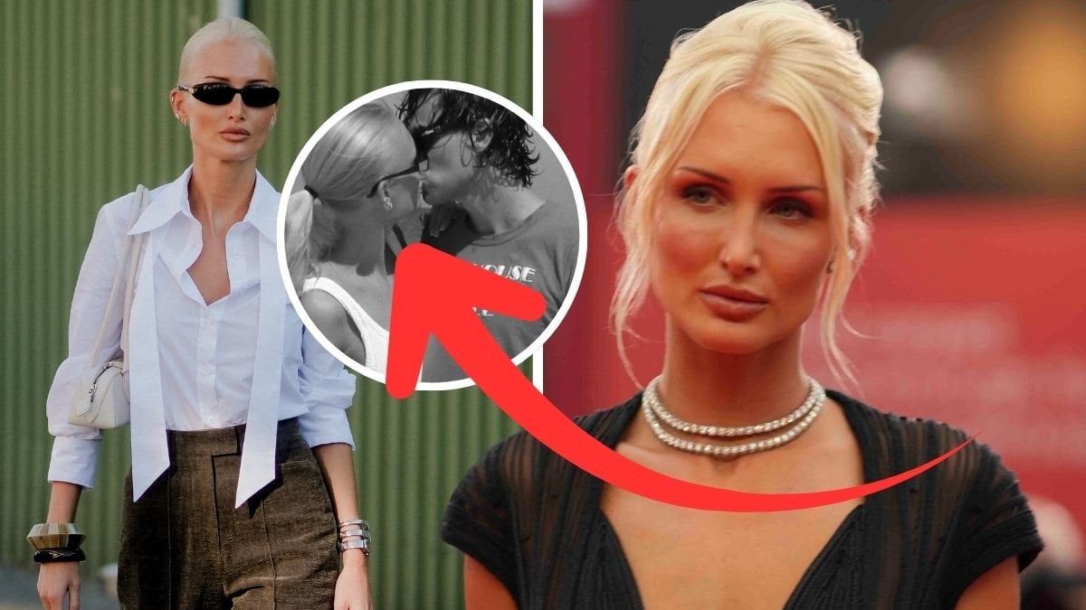 Lovisa Worge i solglasögon och på röda mattan och en svartvit bild på henne och pojkvännen Gullek NIlsen