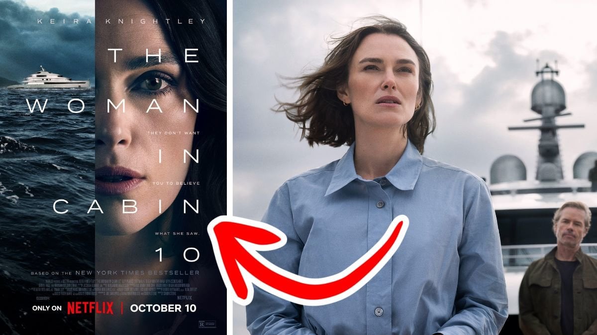 Omslaget till Kvinnan i hytt 10 och Keira Knightley i filmen