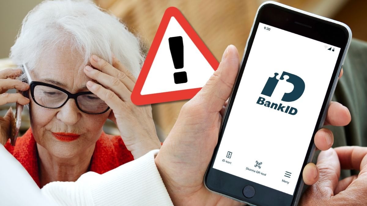 Äldre kvinna och en hand med en mobiltelefon med BankID-appen
