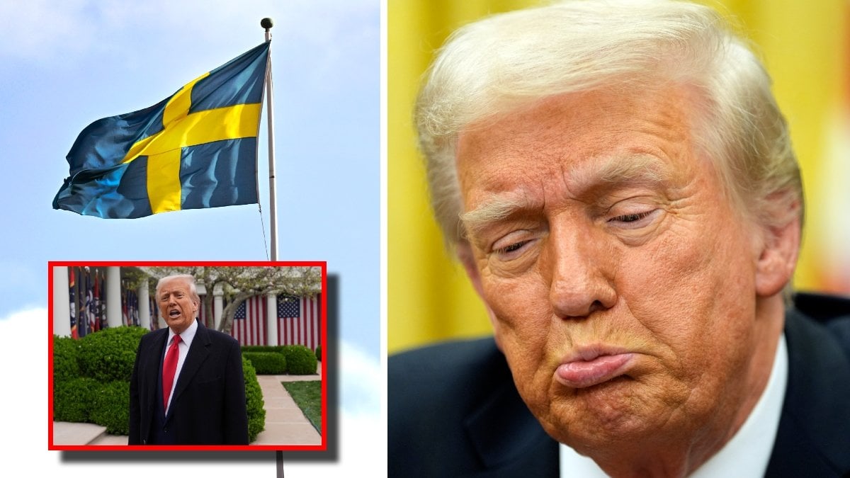Donald Trump står utanför Vita huset, en närbild på Donald Trump och en svensk flagga.