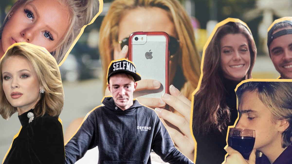 Tjej med iPhone utklipp föreställer Zara Larsson, Joakim Lundell, Bianca Ingrosso, Noel Flike, Linn Ahlborg, Philippe Cohen.