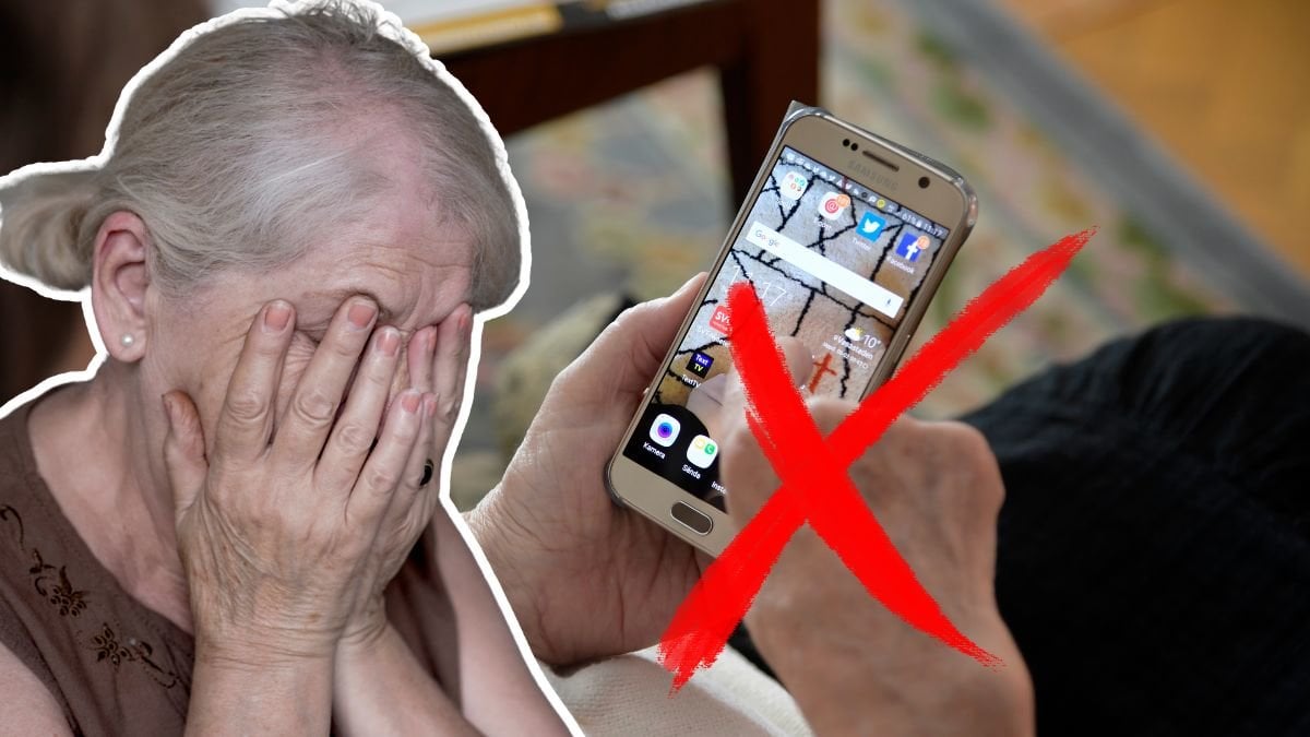 Ledsen kvinna, mobiltelefon och rött kryss.