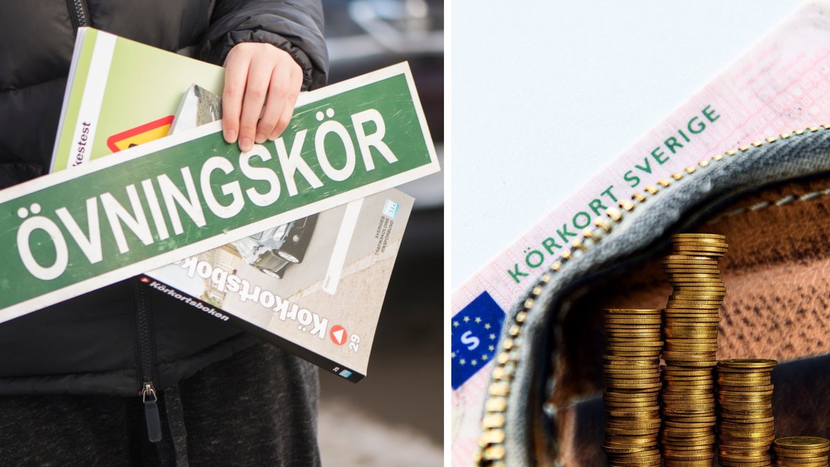 Bild på en övningskörningsskylt och ett körkort i en plånbok