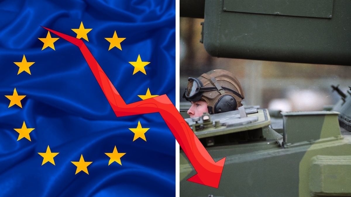 EU:S symbol vänster. Millitär i en stridsvagn till höger. Pil i nedgående position i mitten.