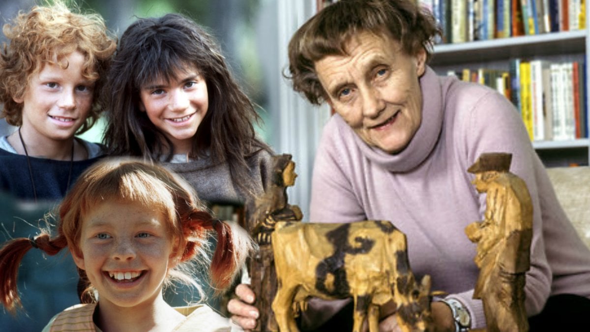 Astrid Lindgren med sina karaktärer Pippi Långstrump och Ronja Rövardotter