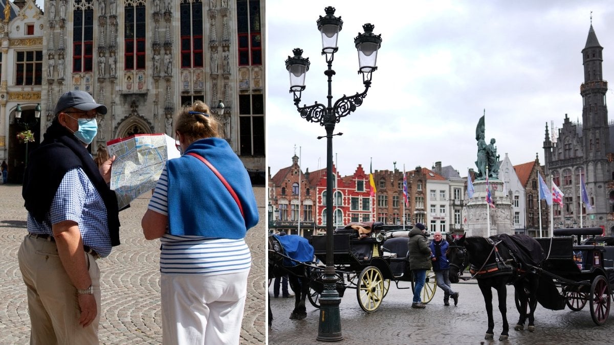 Turister som tittar på karta i stadsmiljö och en bild från centrala Brygge i Belgien.