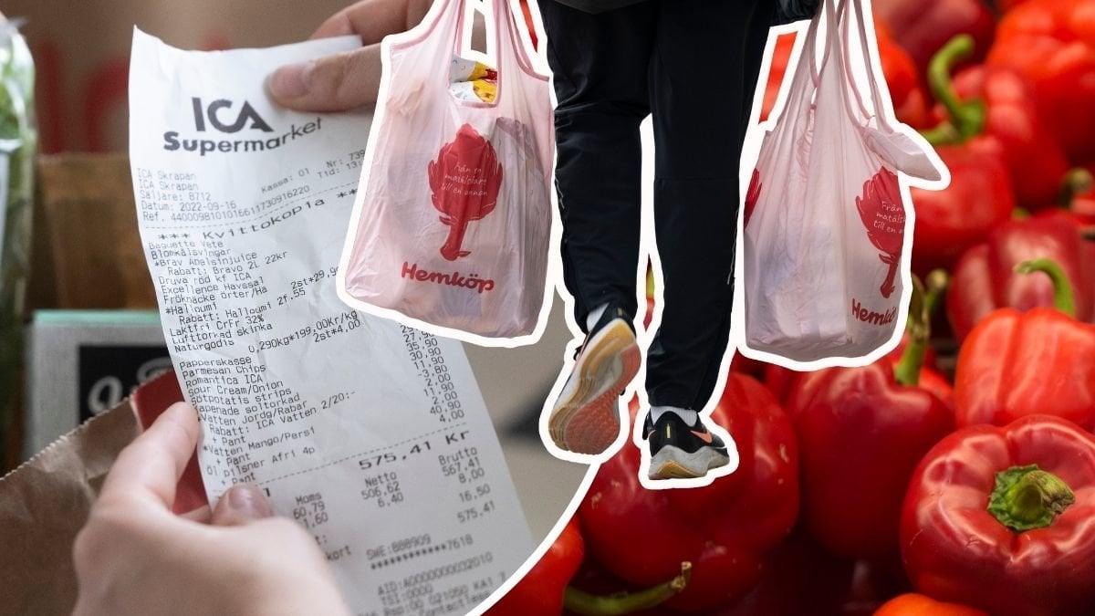 Bilder på paprikor, ett kvitto och matkassar.