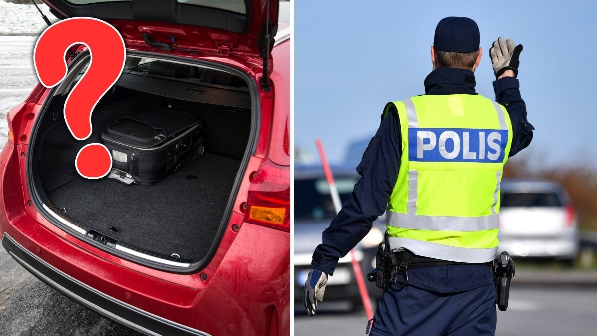 En bil med öppen baklucka och en trafikpolis som vinkar in bilister.