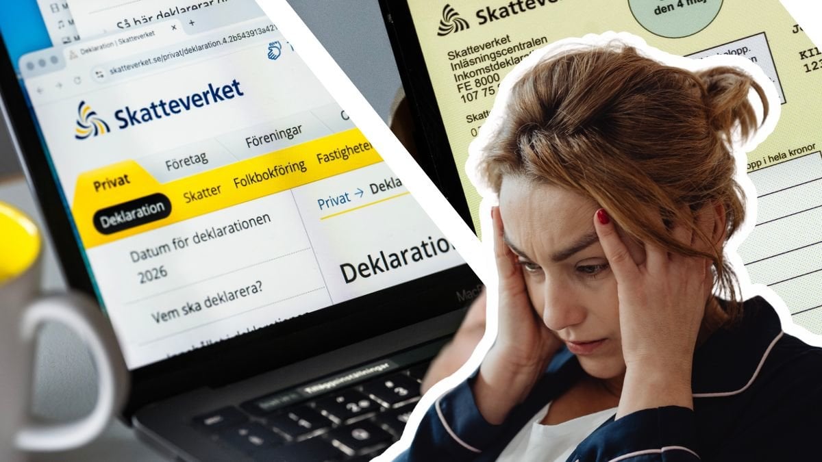 Skatteverkets hemsida på en datorskärm vänster. Deklarationsblankett höger. Kvinna med förvirrad ansiktsuttryck höger.