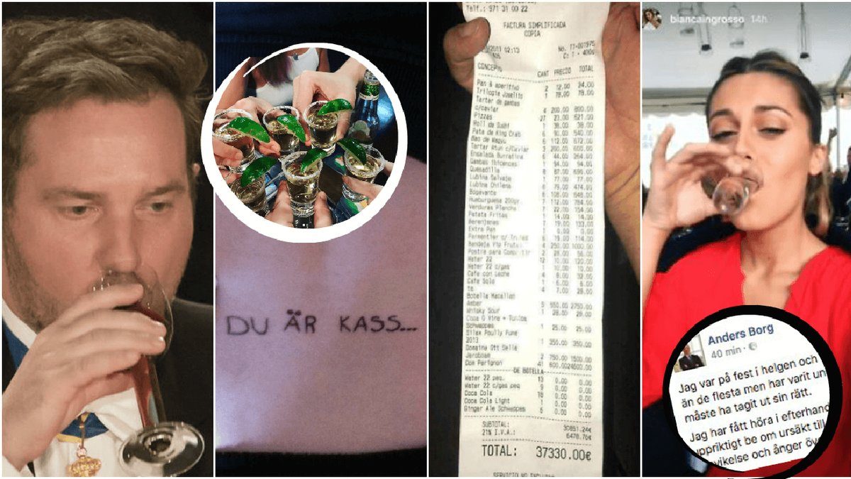Bilder på Christopher O'Neill, en fylletatuering, ett mastigt kvitto och Bianca Ingrosso som dricker en shot.