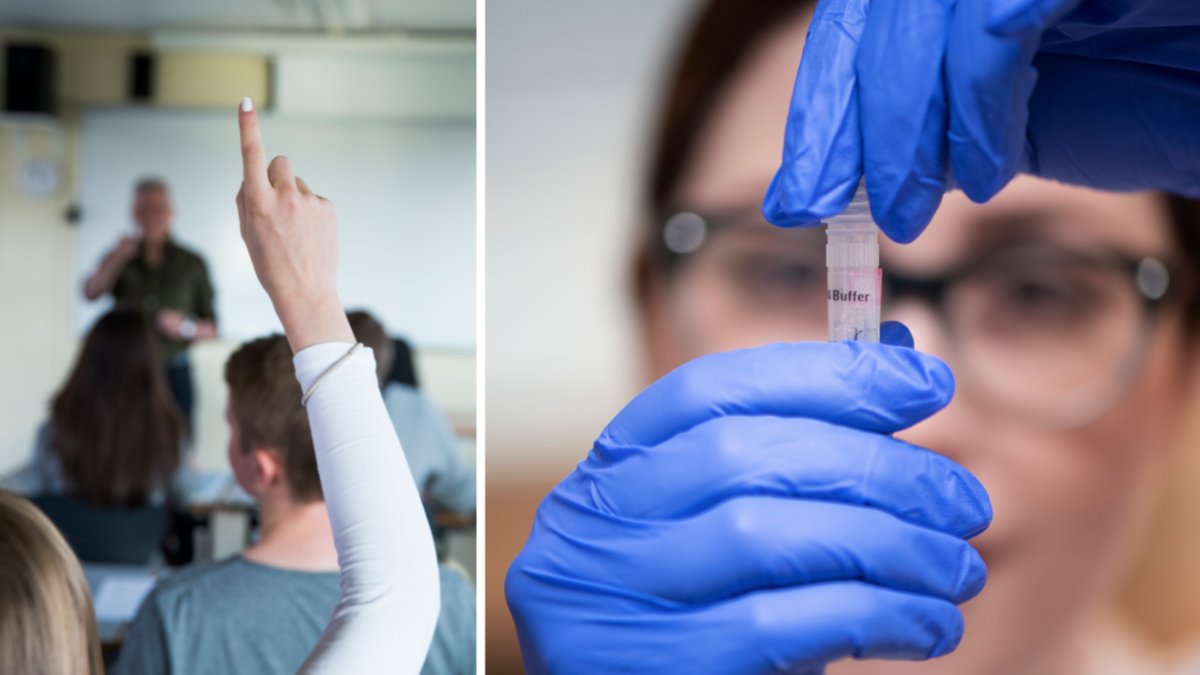 Genrebild på gymnasium och coronatest.