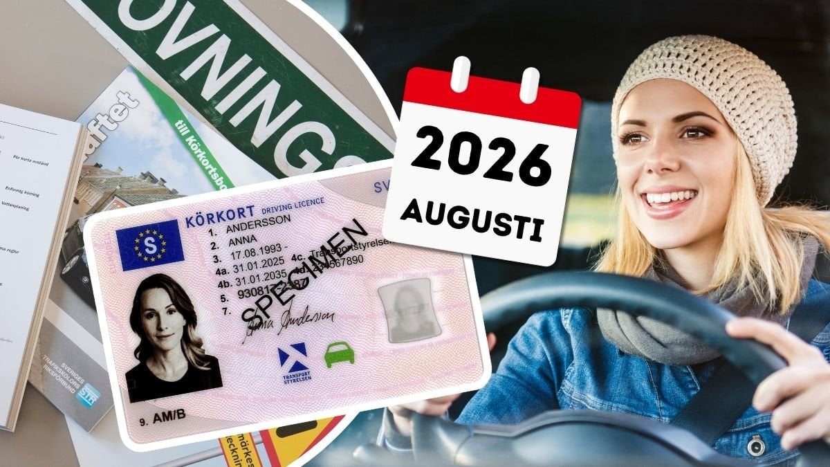 Körkortsteoriböcker, ung kvinna som kör bil och svenskt körkort