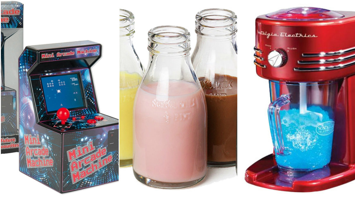 Arkadmaskin, mjölkflaskor i glas och slushmaskin,