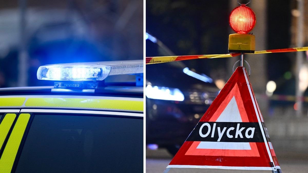 Blåljus och skylt som det står olycka på.