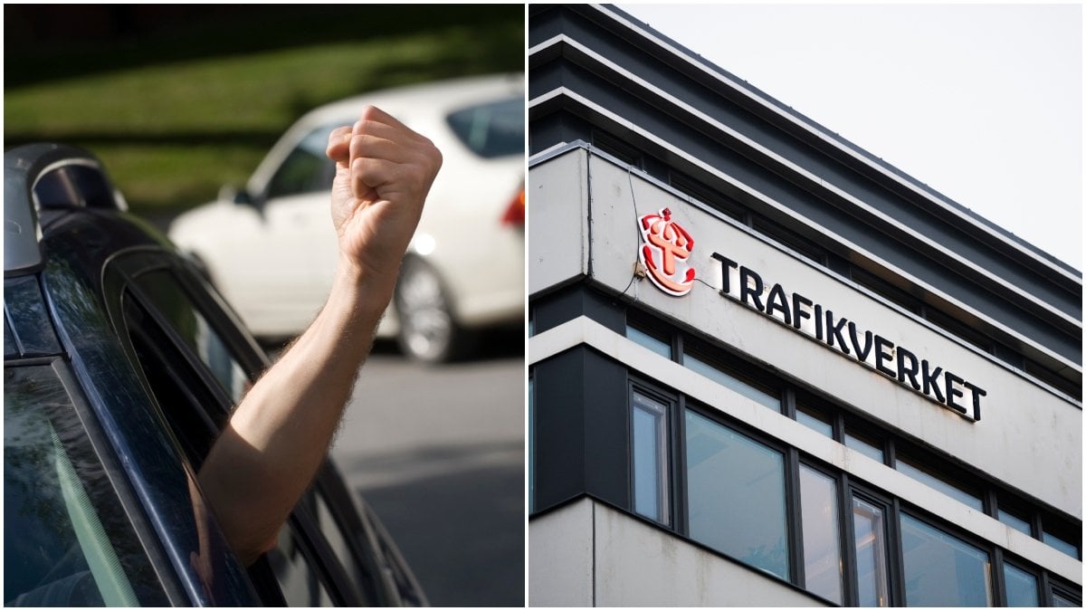 Hand sträcker sig ut från en bil och trafikverket.