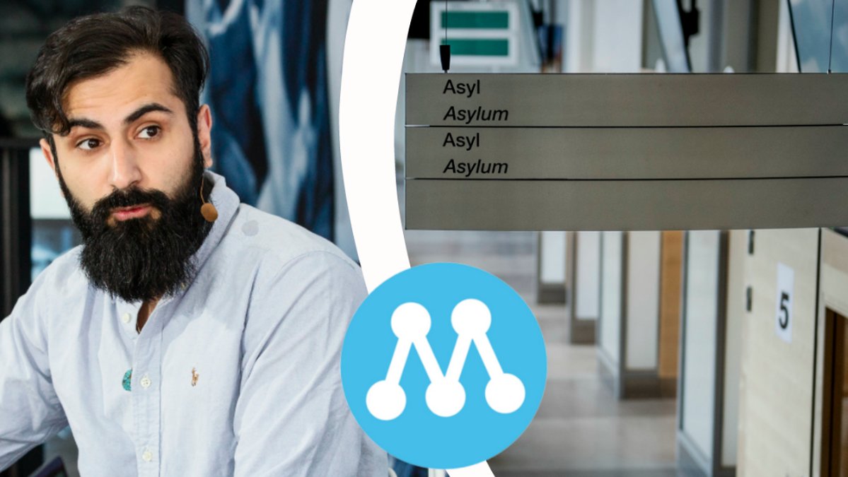 Hanif Bali. Till höger ett väntrum på Migrationsverket. Kollage 