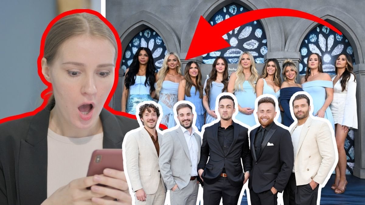 Kvinna med chockad min som kollar på sin telefon vänster. Kvinnorna i The Secret Lives of Mormon Wives höger. Männen i  The Secret Lives of Mormon Wives utklippta höger.