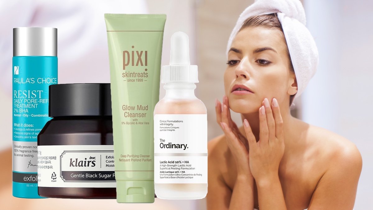 Paula's Choice, Klairs Black Sugar Facial Polish, Pixi Glow Mud Cleanser, The Ordinary Lactic Acid