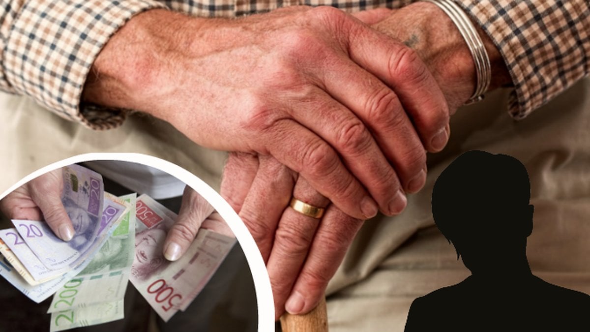 Äldre händer, pengar, en svart siluett