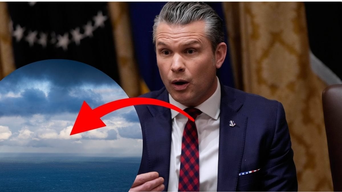 Bild på hav, en röd pil och Pete Hegseth