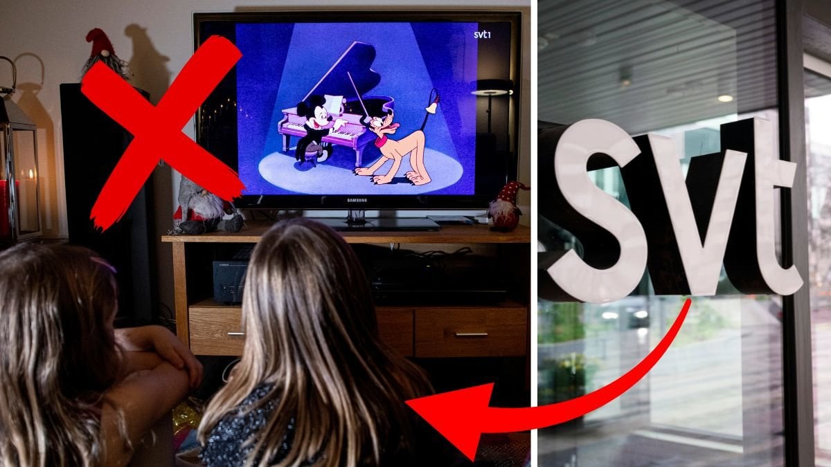 Barn kollar på Kalle Anka på Tv till vänster. Ett rött x i högra hörnet. SVT skylt till höger. En röd pil pekar från skylten till tv:n.