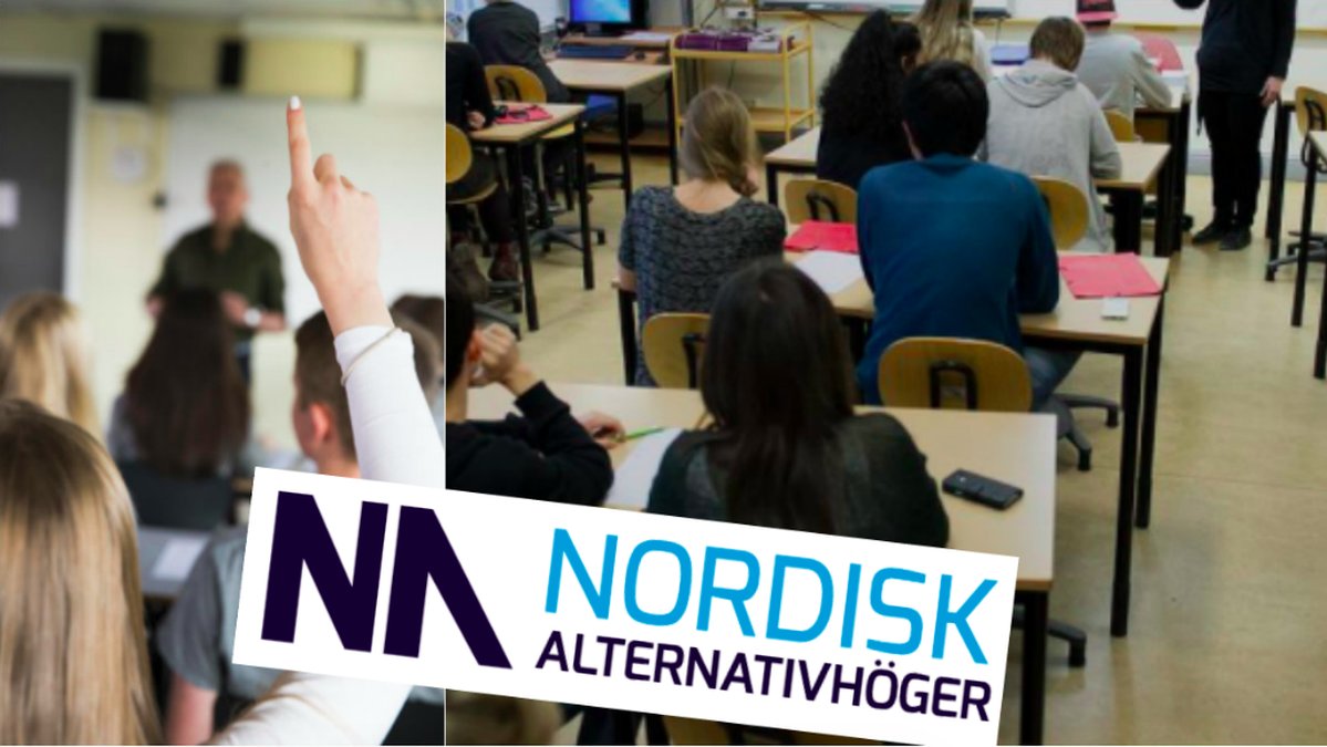 Bild på ett klassrum. Över bilden syns Nordisk Alternativhögers logga